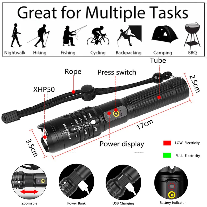 Pocketman Mais Brilhante Lanterna Poderosa 18650 Usb Tocha Xhp50 Caça Lâmpada Luz Mão Xhp50.2 Mod. 180639 4 Cheap Lanternas