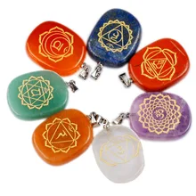 7 Oval Grabado Piedras Chakra Reiki Energía Equilibrio Colgante, Juego de 7