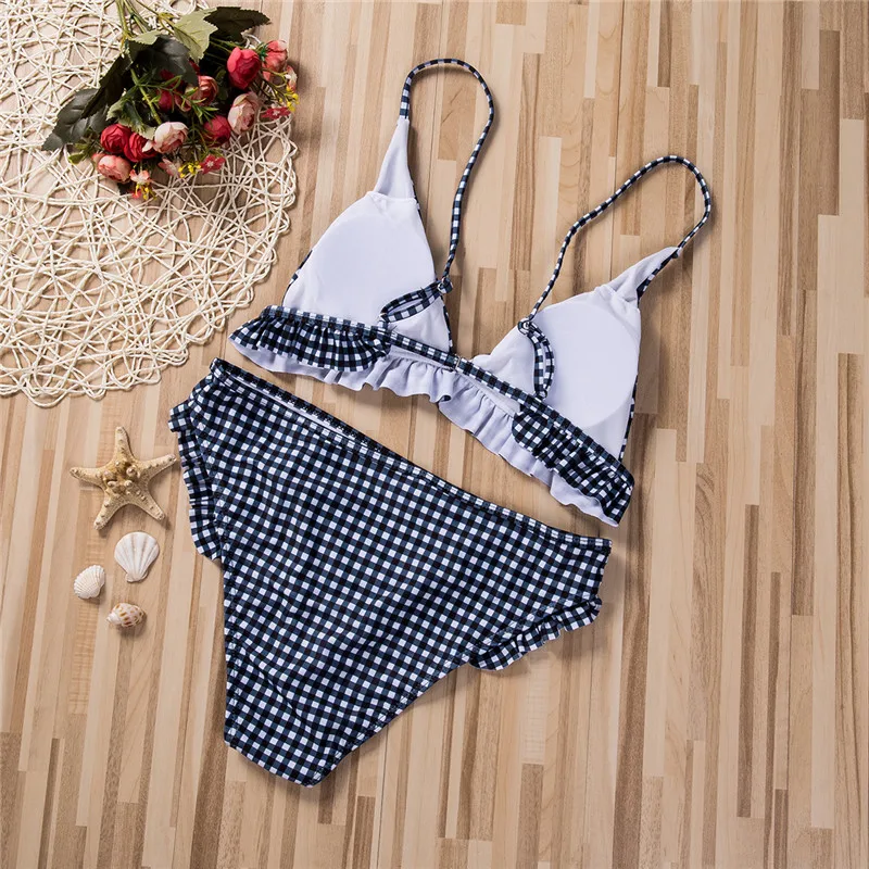 Plaids Women Bikini Set Bathing Suits Swimwear Ruffles Push up Triangle Swimsuits Sports Beachwear Vintage