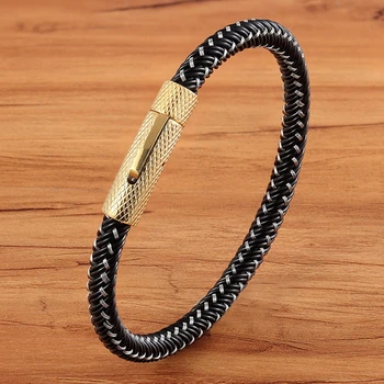 TYO Classic Ladies Black Handmade Braided Genuine Leather Bracelet Men Jewelry Wholesale Stainless Steel Metal Gold Clasp