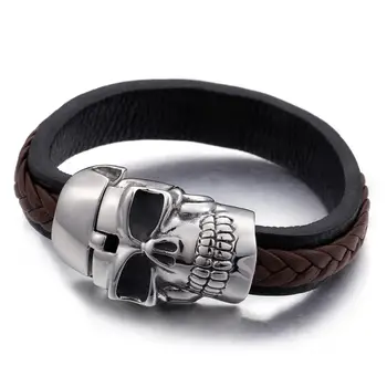 

Granny Chic Men Genuine Leather Bracelets Rock Punk Silver Color Skull Stainless steel Buckle Charms Cuff Bracelets Bangles