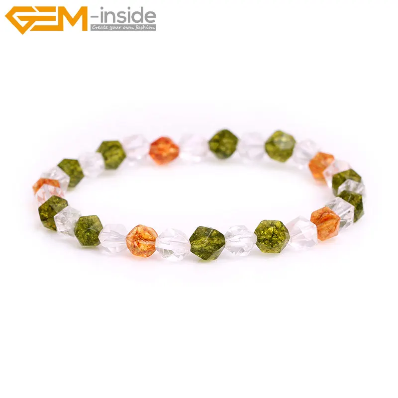 

6mm Faceted White Green Yellow Quartzs Hematite Gem stone Bead Elastic Bracelet popular Jewelry for Women