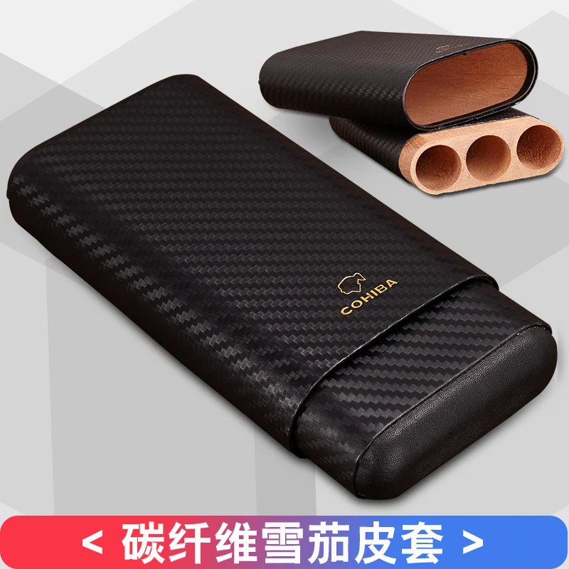 

COHIBA Gadgets Carbon Fiber Cedar Wood Cigar Case Outdoor 3 Tubes Travel Humidor Cigar Box Portable Black Cigars Case
