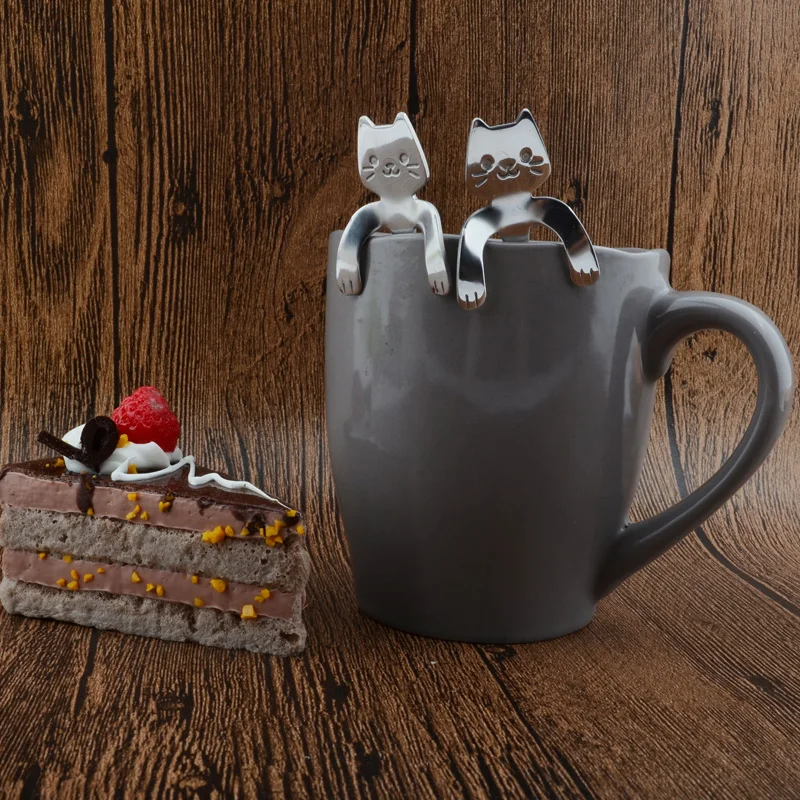 Новинка, 2 шт., ложка для кофе и чая из нержавеющей стали, мини-кошка, с длинной ручкой, креативная ложка, питьевые инструменты, кухонный гаджет, столовые приборы, посуда