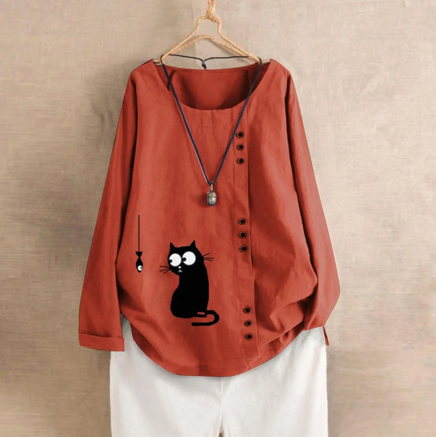 Ceny Kobiety z długim rękawem pościel bawełniana Kaftan panie Baggy kot drukuj koszula kobiet jesień moda 2019 topy plus rozmiar M 5XL biały różowy