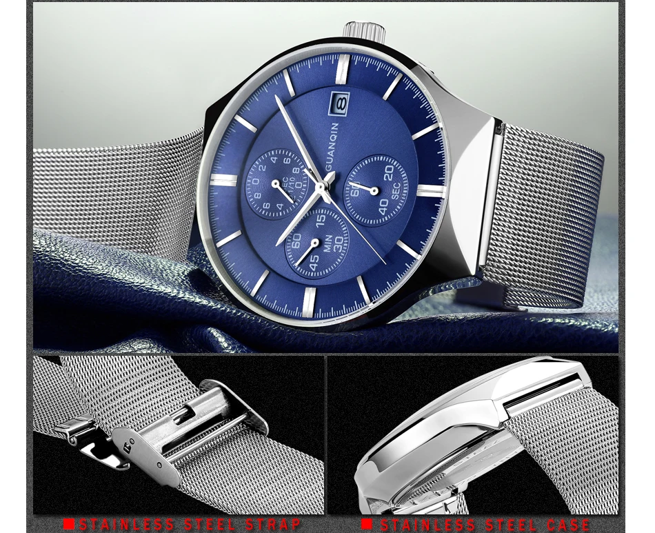 2018 GUANQIN Brand Luxury Men's Fashion Chronograph Calendar Watches Men Business Casual Mesh Band Waterproof Quartz Wrist Watch