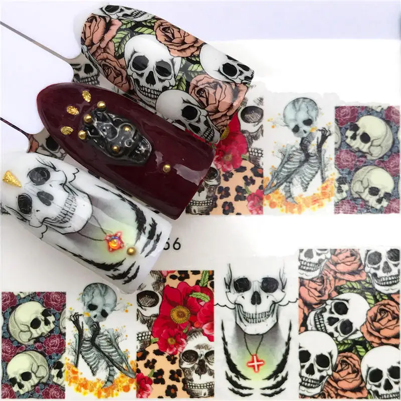 

WUF 1 Sheet Halloween Nail Art Sticker Sexy Skull Bone Water Transfer Decals Nails Foil Manicure Decoration