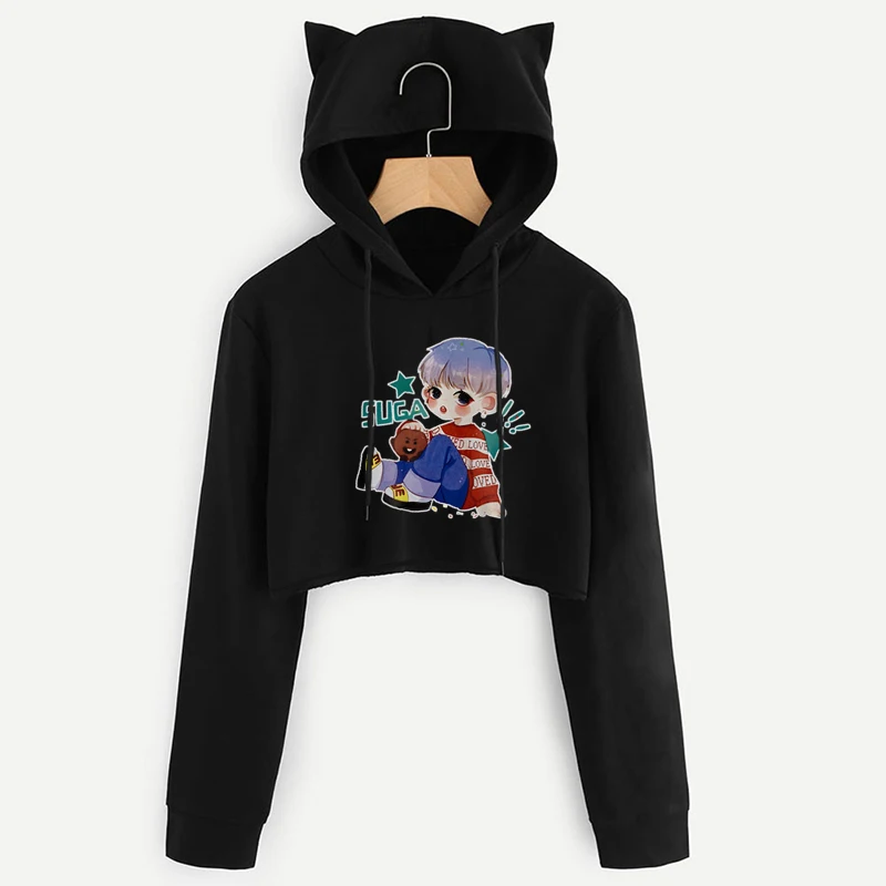 Women ARMY BTS BT21 Printed Hoodies Crop Tops Cute Cat Ear Long Sleeve Shirts Cropped Hooded Harajuku Kawaii Pullover Sweatshirt Women ARMY BTS BT21 Printed Hoodies Crop Tops Cute Cat Ear Long Sleeve Shirts Cropped Hooded Harajuku Kawaii Pullover Sweatshirt