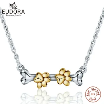 

EUDORA 925 Sterling Silver Bone & Dog footprints Pendant Neckalce 45 CM Chain Fine Jewelry for Women Man Birthday gifts CYD184