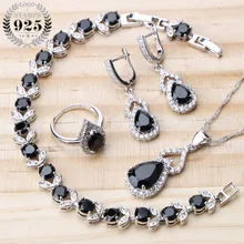 Свадебные 925 пробы серебряные Ювелирные наборы для женщин Свадебные черные циркониевые камни серьги браслеты ожерелье кольца набор ювелирных изделий Подарочная коробка