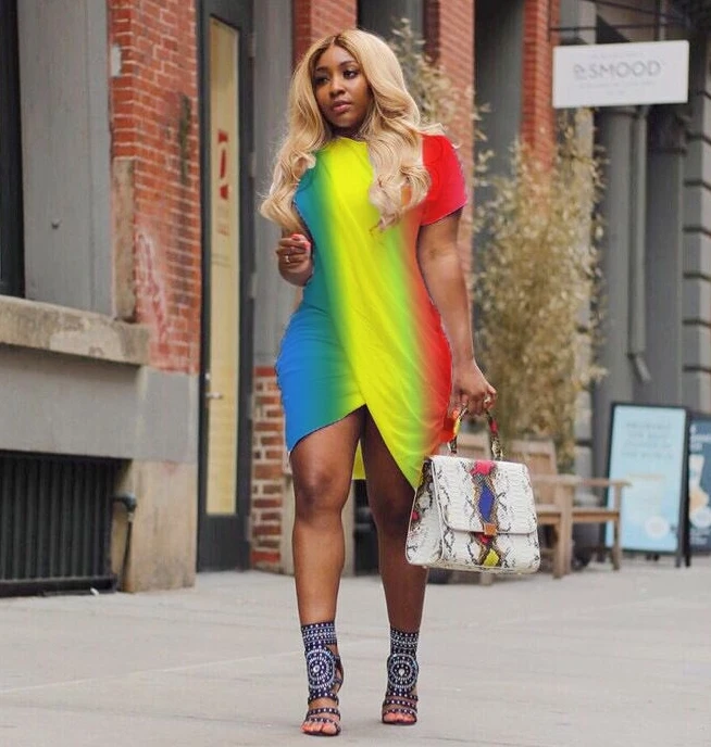 

New Summer Women Dresses Draped Printed Irregular Fork Bandage T Shirt Mini Dresses Plus Size S- XL XXL 3XL