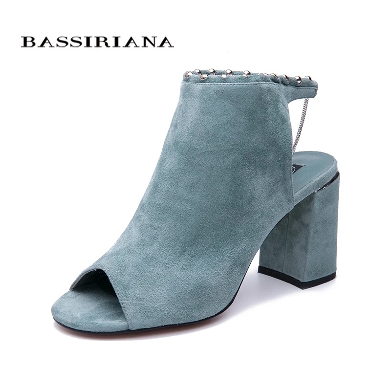 

BASSIRIANA 2019 new genuine suede High Heels Shoes woman Office Dress Gladiator Sandals women slip-on summer size 35-40