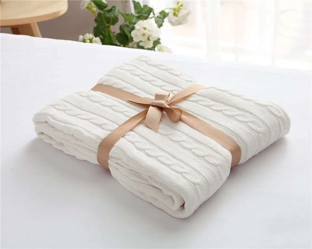 Хлопок, высокое качество, мягкое вязаное одеяло ручной работы, одеяло для кровати, бежевое, красное, коричневое, голубое, белое, серое, розовое вязаное одеяло для дивана - Цвет: White type B