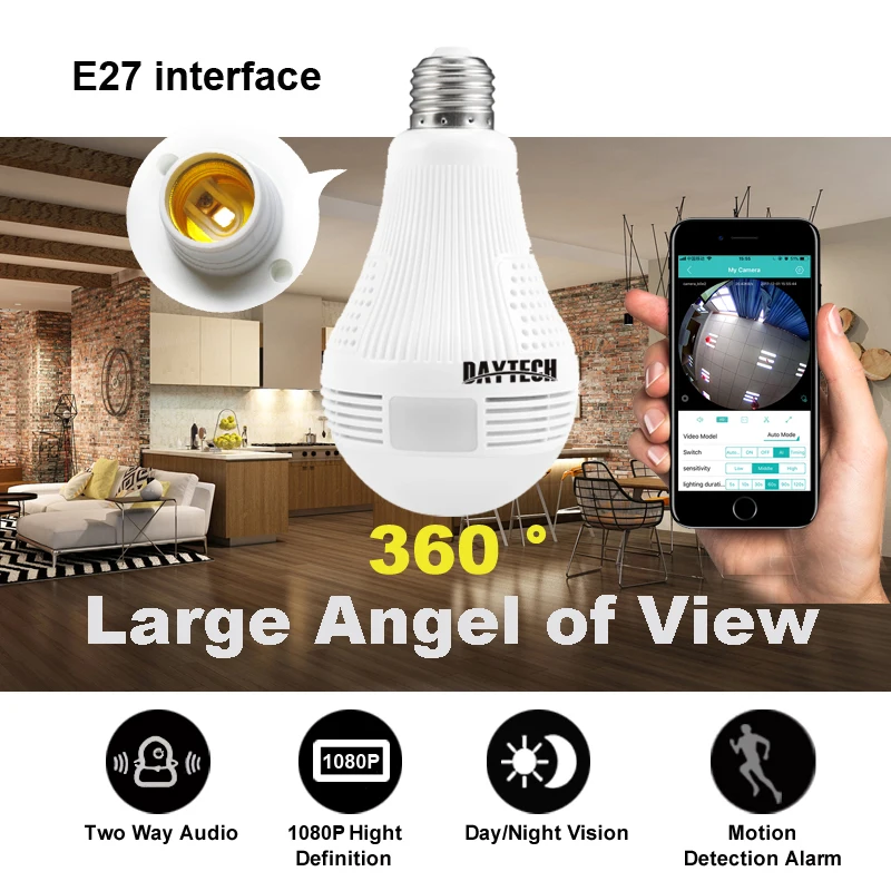 DAYTECH 1080P Wireless Panoramic IP Camera 2MP Home Surveillance Network Camera Security Lamp Night Vision Audio Free APP IP cam