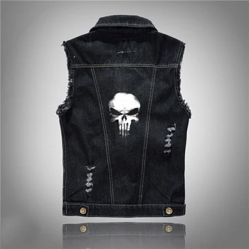 

Hip Hop Skull Denim Vest Men Sleeveless Jean Jacket Vests Punk Rock Waistcoat Black Coat