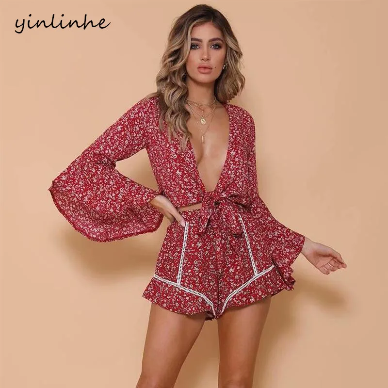 Женский комплект из двух предметов yinlinhe красный укороченный топ с цветочным