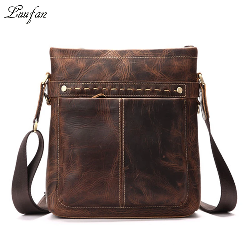 

Men's crazy horse leather shoulder bag Brown cow leather messenger bag for iPad Durable Real leather casual bag casual satchel