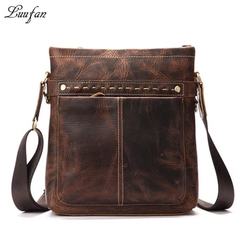

Men's crazy horse leather shoulder bag Brown cow leather messenger bag for iPad Durable Real leather casual bag casual satchel