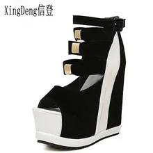 XingDeng/женские пикантные туфли на высоком каблуке для ночного клуба; европейские женские туфли на танкетке с открытым носком; женские туфли-лодочки из флока с ремешком и пряжкой; размеры 34-39