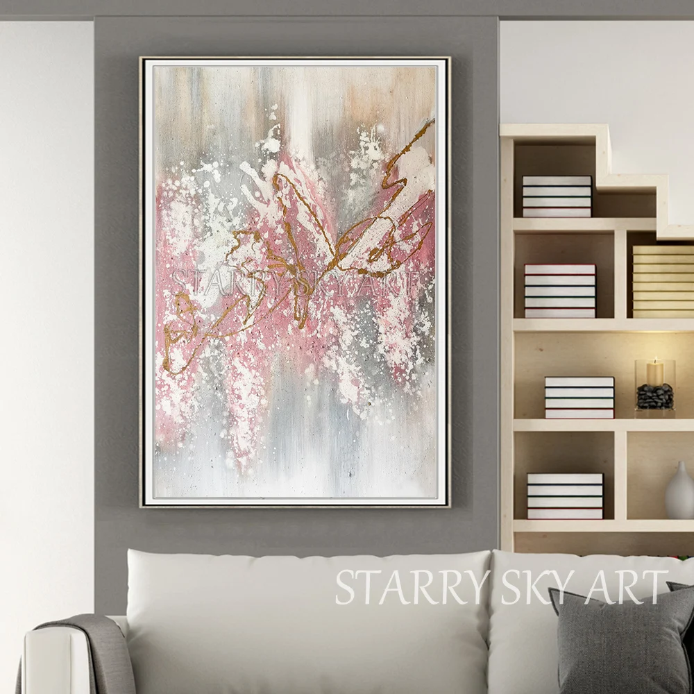 Ручная роспись Абстрактная Вертикальная прямоугольная картина маслом на холсте розовый белый и серый цвета абстрактная картина маслом для гостиной
