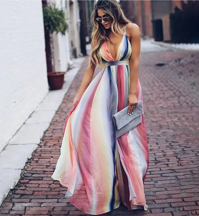 

Women Fashion Boho Long Dress Girl Striped Beach Summer Dresses Colorful Rainbow Vintage Chiffon Maxi vestidos de festa Iraq