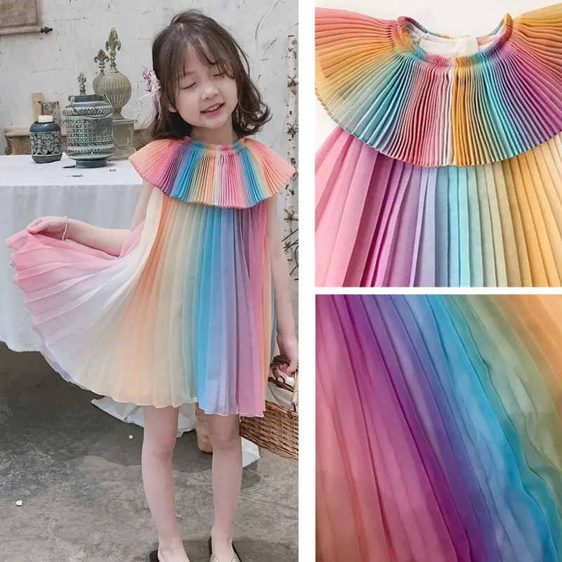 

Toddler Baby Girls Rainbow Dress Summer Kids Panelled Double-layered Chiffon Sundress Princess Birthday Party Dress for Girls