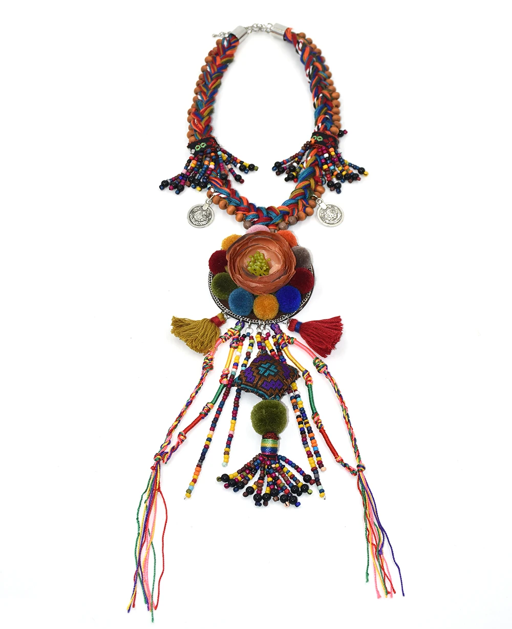 Maxi Necklace Collares Collier 2017 New Rose Flower Retro Choker Necklace Bohemia Collar Puzzle Long Fringe Pompoms Pendents