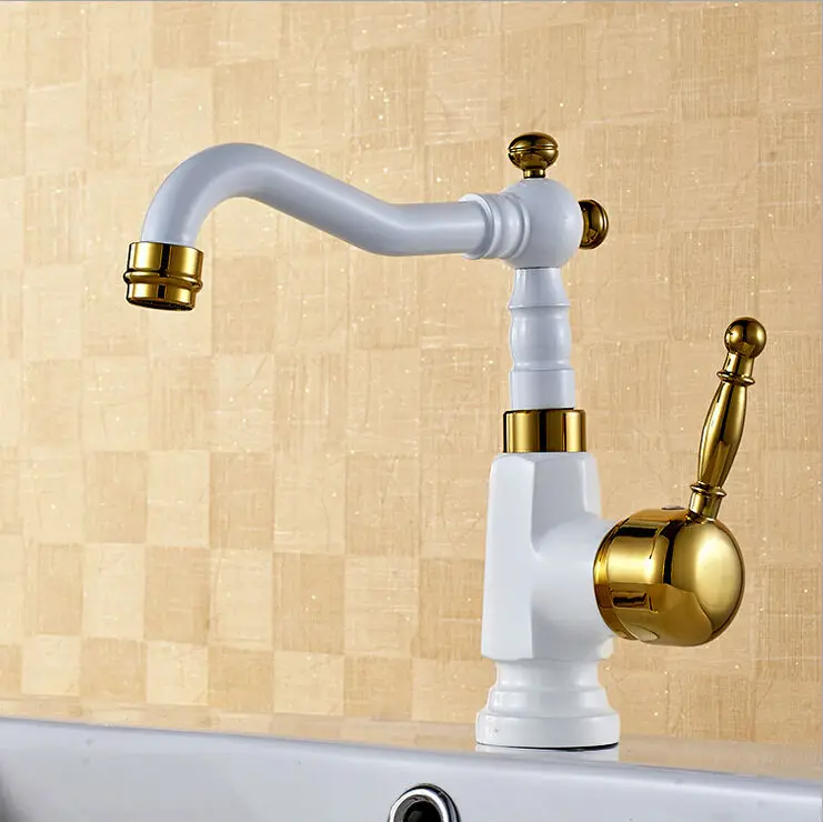 French Design Top Basin White Painted Faucet Gold Handle With