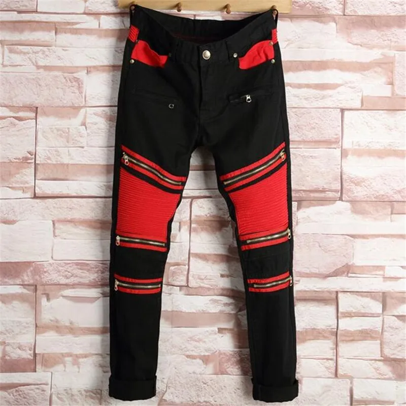 Fashion high quality patchwork black red patch jeans for men with zipper slim straight stretch bikers moto denim stylish pants