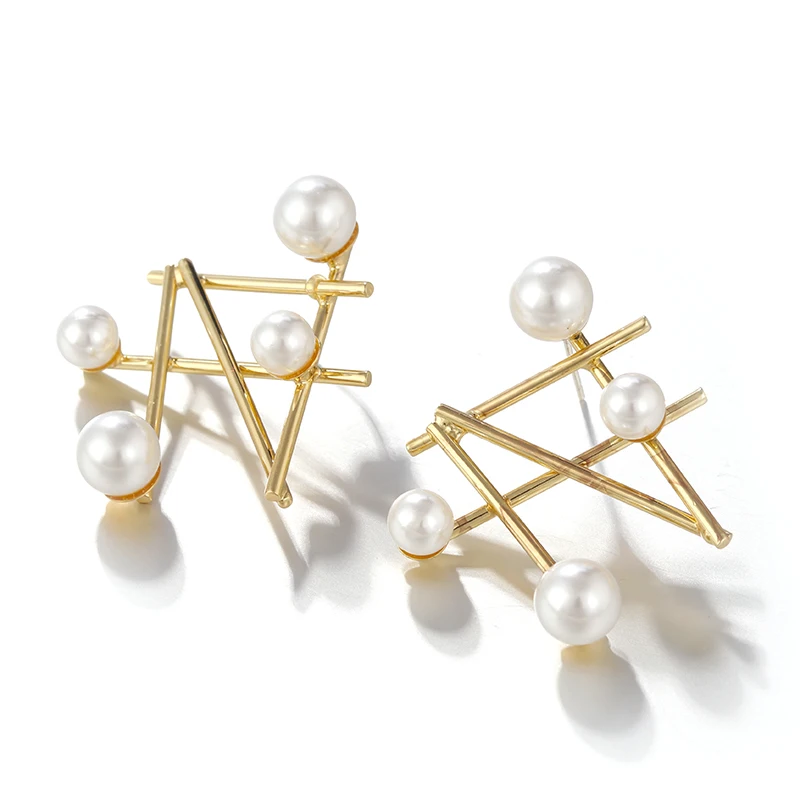 

AENSOA 2019 Trendy Irregular Geometric Pearl Earrings Gold Metal Line Simulated Pearl Statement Earrings Wedding Party Jewelry