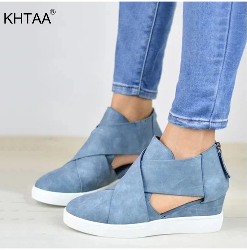 

Plus Size Flat Platform Women Shoes Autumn Zipper Cut Out European Medium Heels Female Sneakers Thick Bottom Ladies Footwear