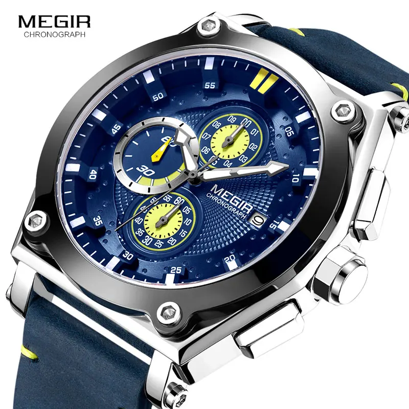 

MEGIR Blue Quartz Men Watches Top Brand Leather Strap Chronograph Sport Wrist Watch Men Clock Relogio Masculino Reloj Hombre