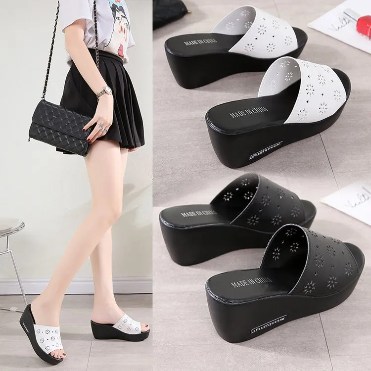 

Leather Toe Wedge Heel Med Rubber Slippers Summer Ladies Female Modis Heels Slides Sandal Water Clogs Platform New 2019 Peep