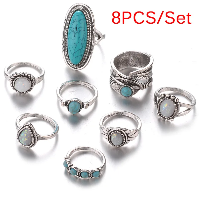 Fashion Bohemia Midi Rings Sets For Women Retro Antique Silver Color Opals Turquoises Knuckle Ring Bagues Femme | Украшения и
