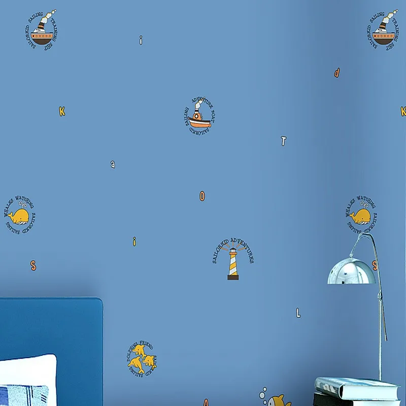 

Blue Mediterranean children's room wallpaper boy girl bedroom non-woven wallpaper cute little fish cartoon wallpaper