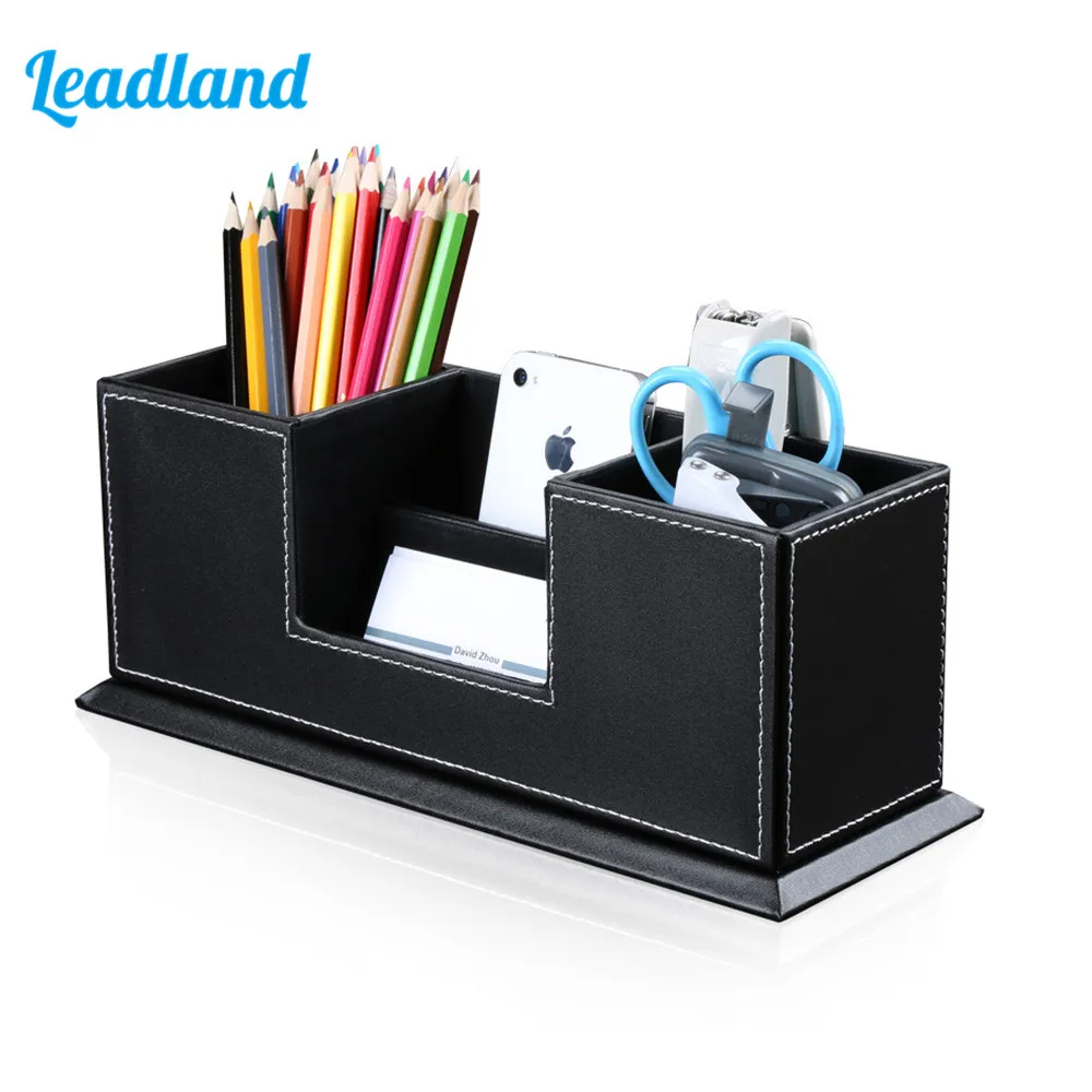 Office PU Leather Desktop Stationery Organizer Double Pen Pencil Holder