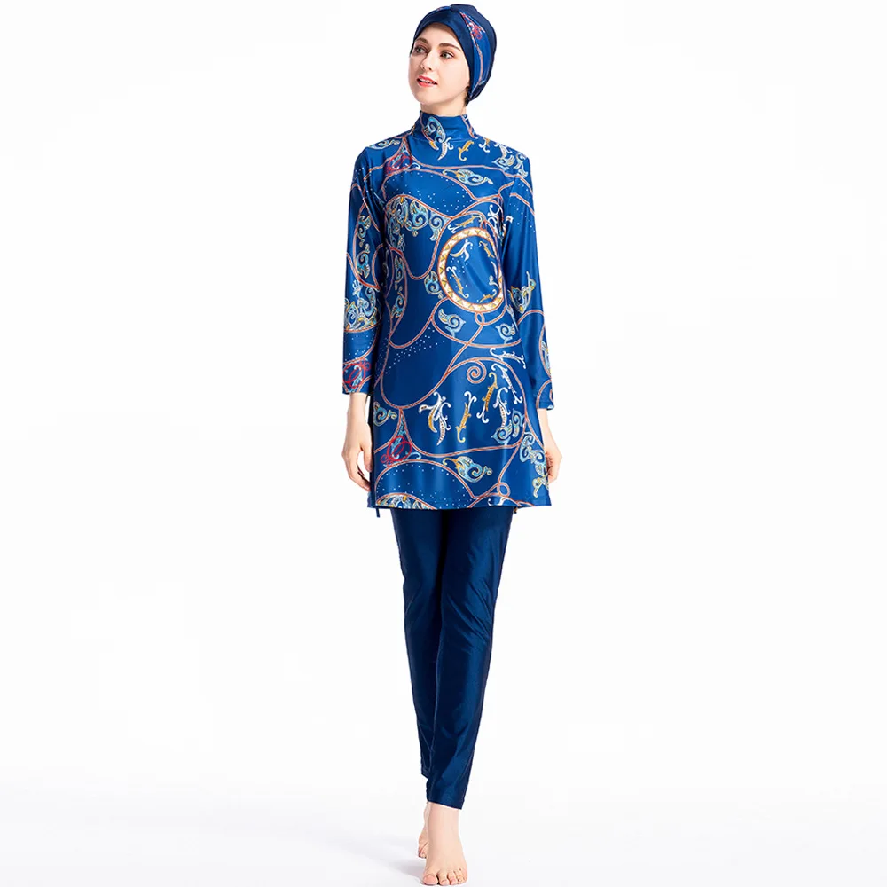 

Beach Bathing Suit Muslim Swimsuit Women Totem Printing Swimsuit Three-piece Conservative Swimwear Islamic Beach Swimwear 2019