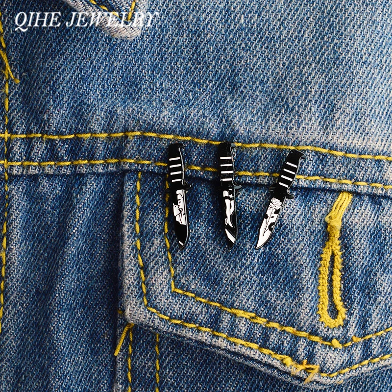 

QIHE JEWELRY 3pcs/set Lover Leg Rose Knife Blade Black Dark Enamel pins Punk Pin Badges Brooches Men Women Unisex Jewelry