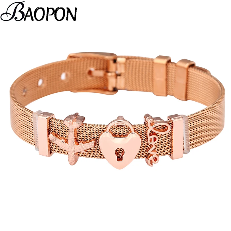 

BAOPON Newest Gold Color Stainless Steel Mesh Bracelet Set Eternal Love Charm Brand Bracelet Bangle for Woman Jewelry Gift