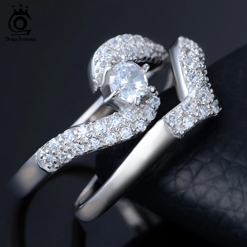 ORSA JEWELS Women Luxury Ring Silver Color Ring AAA Quality Cubic Zircon Perfect Polish Promise Gift For Women Jewelry AOR49
