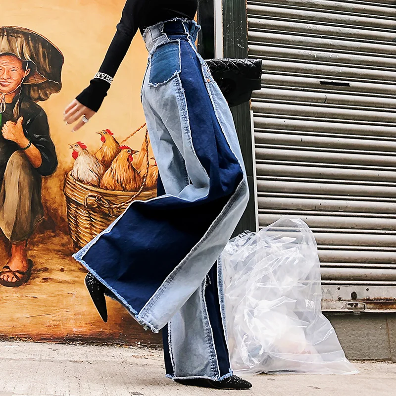 

2019 New Spring Summer High Waist Loose Hit Color Denim Long Wide Leg patchwork Jeans Women Trousers Fashion