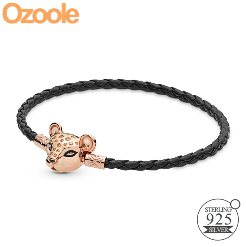 

Authentic 925 Sterling Silver Sparkling Lion Princess Woven Leather Charms Bangle Fit European Original Bracelets Women Jewelry