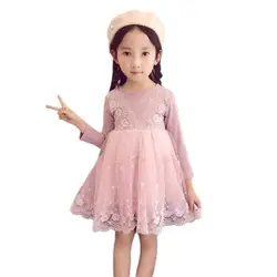 Платье для девочек с длинными рукавами, детская кружевная одежда с цветочным рисунком, Детские платья для девочек 2019, Осеннее детское