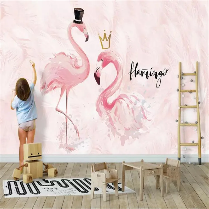 

Pink couple flamingo children's room background wall professionally made murals, wallpaper wholesale, custom poster photo wall