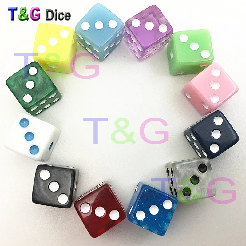 10PCS 12MM High Quality Dice Marbled Transparent Solid Glitter effect in square corners Plastic cube d6 Gambling