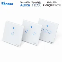 Интеллектуальный выключатель света Sonoff T1 Smart WiFi RF/приложение/сенсорный экран Управление настенный светильник таймер переключатель ЕС/Великобритании партии 1/2/3 работает с Alexa через iphone android телефон