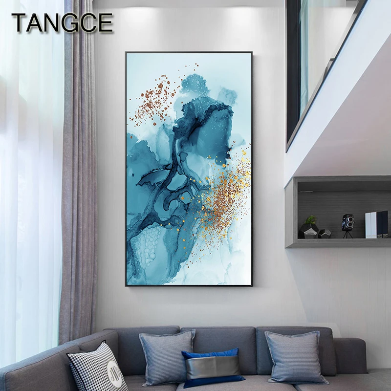 

Dreamy Blue Splash Canvas Painting Modern Gold Foil Posters Prints Luxury Art Wall Picture for Living Room Aisle Abstract Decor