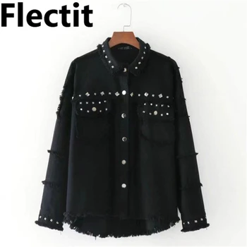 

Flectit Studded Fringe Jacket Women Denim Jacket with Rivets Oversize Long Sleeve Frayed Thin Jeans Jackets