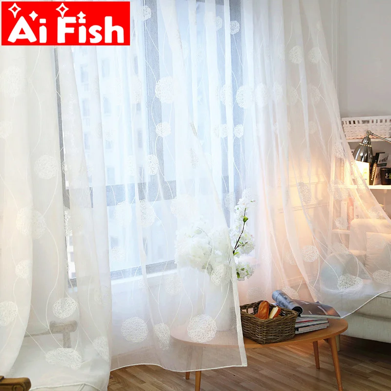 

American White Embroidery Bird's Nest Tulle Curtains for Living Room Kitchen Sheer Window Drapes Linen Tulle Fabrics DF011-40