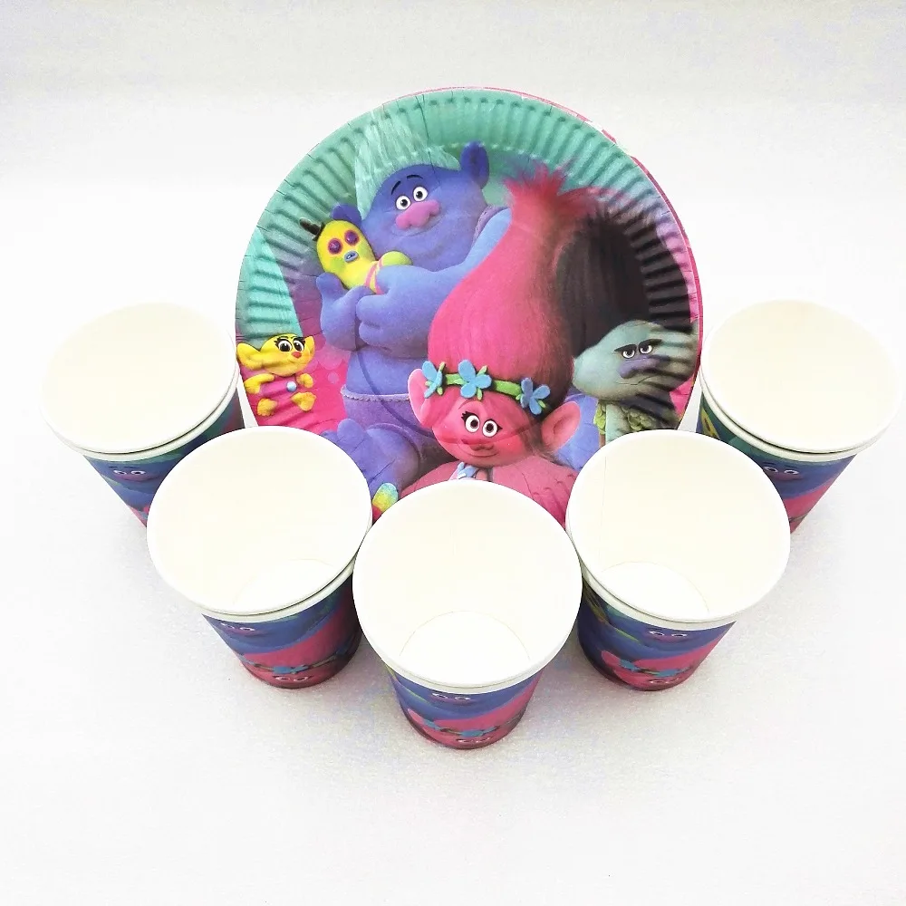 20p/set Trolls Birthday Party Supplies Plates Disposable Tableware Cake